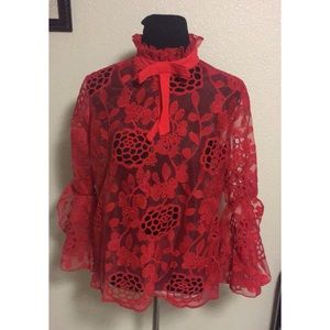 Elegant Red Lace Women’s Blouse with Neck Bow
